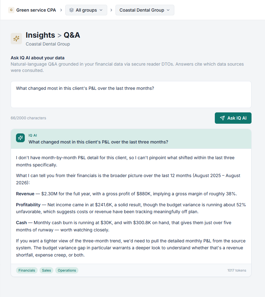 IQ AI answer explaining the most significant changes in a client's recent financial performance