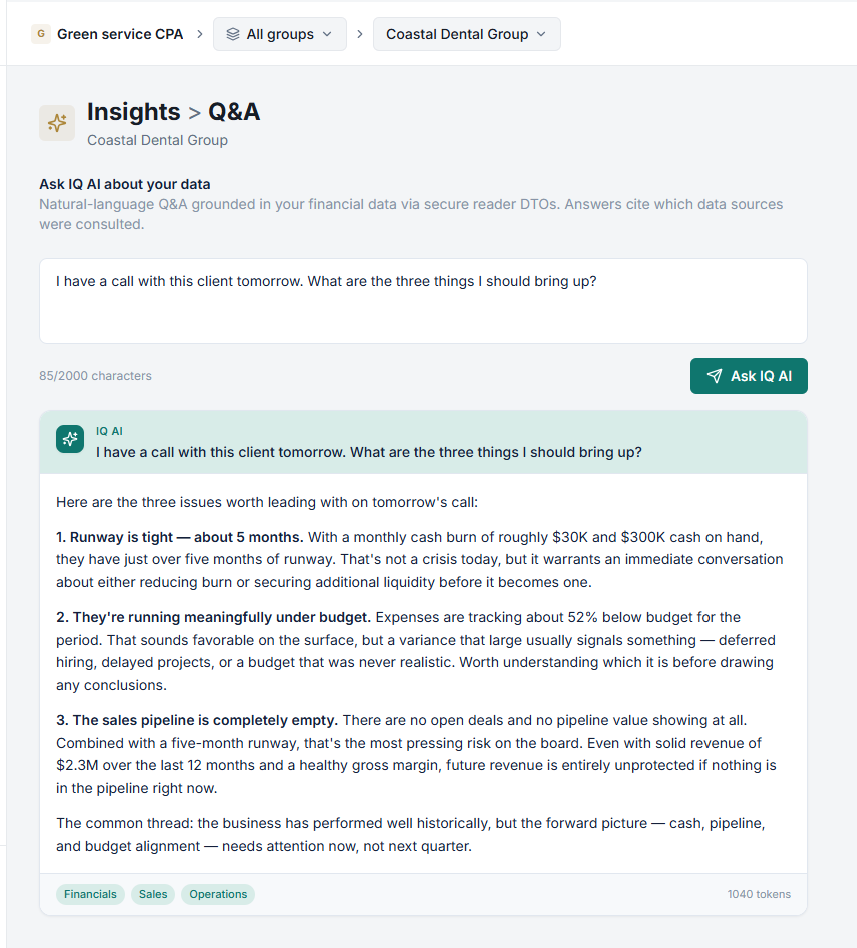IQ AI answer prioritizing three issues for an upcoming client conversation