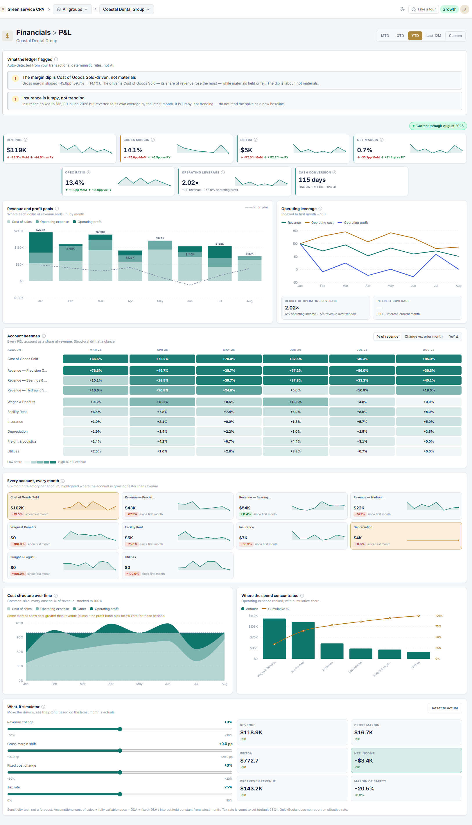 Data Financial P and L dashboard with account health and what-if simulator
